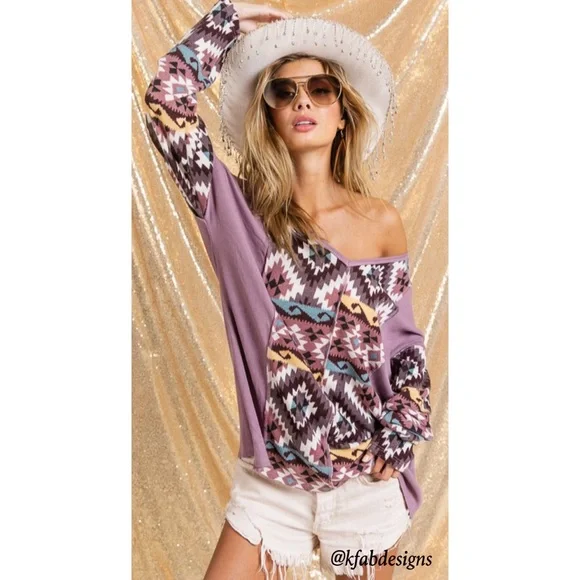 LAST 1! V Neck Mauve/Lilac Mix Aztec Print Soft Color Block Top - Picture 8 of 11